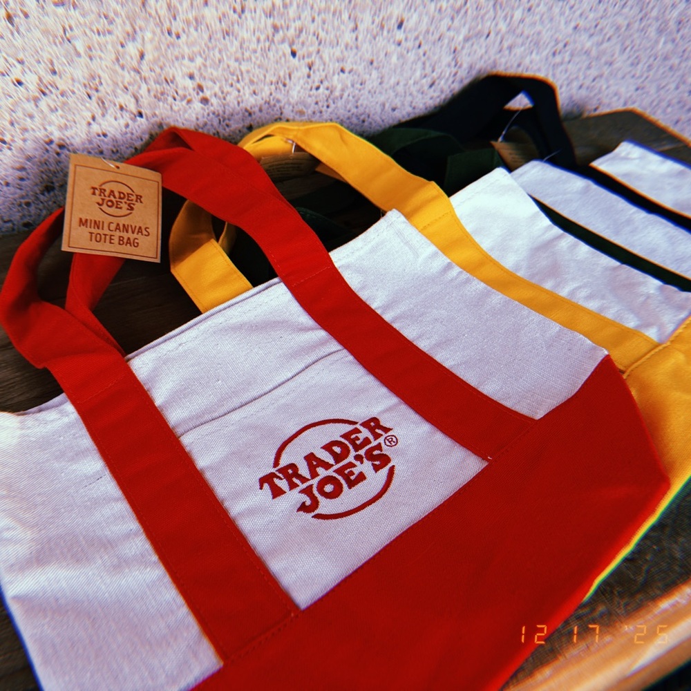 Trader Joe's Mini Canvas Tote Bag - Red, Yellow, and Navy set of four